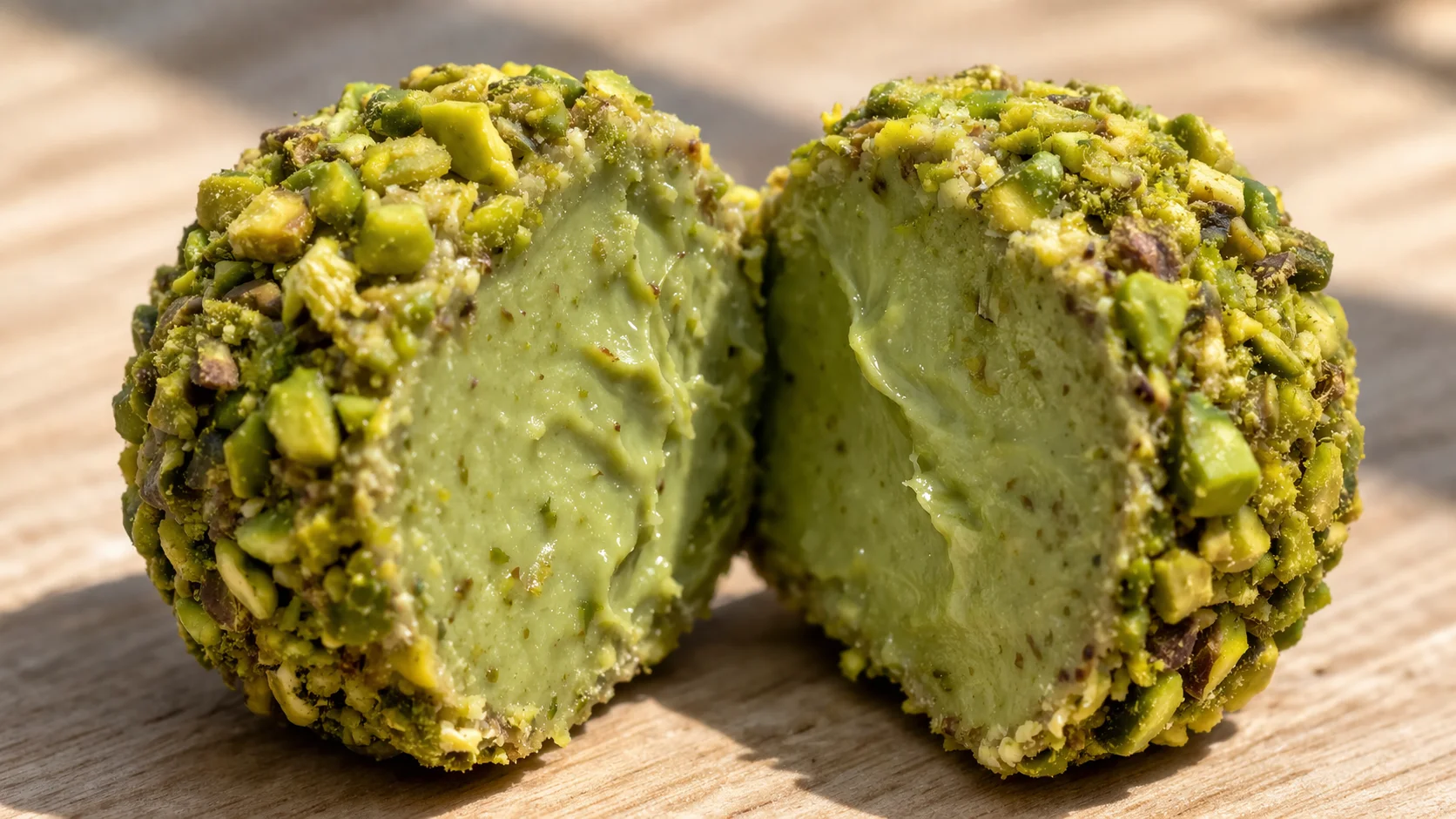 Gros plan sur une boule protéinée pistache coupée en deux révélant la texture fondante et verte, enrobage de pistache concassée bien visible sur fond bois clair