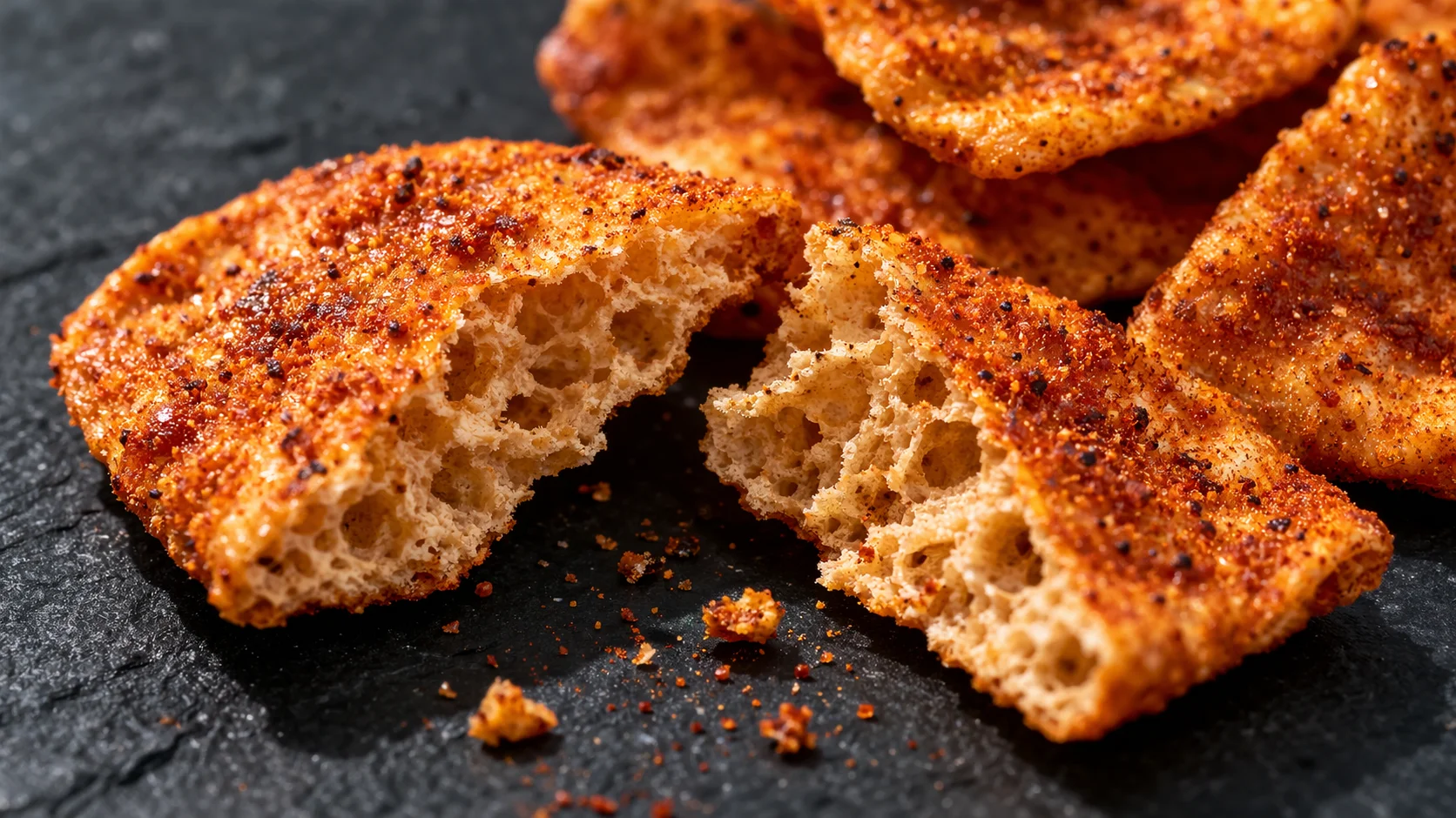 Gros plan sur des chips de protéines BBQ brisées en morceaux irréguliers, texture alvéolée et dorée avec assaisonnement BBQ rouge-orangé bien visible, fond ardoise
