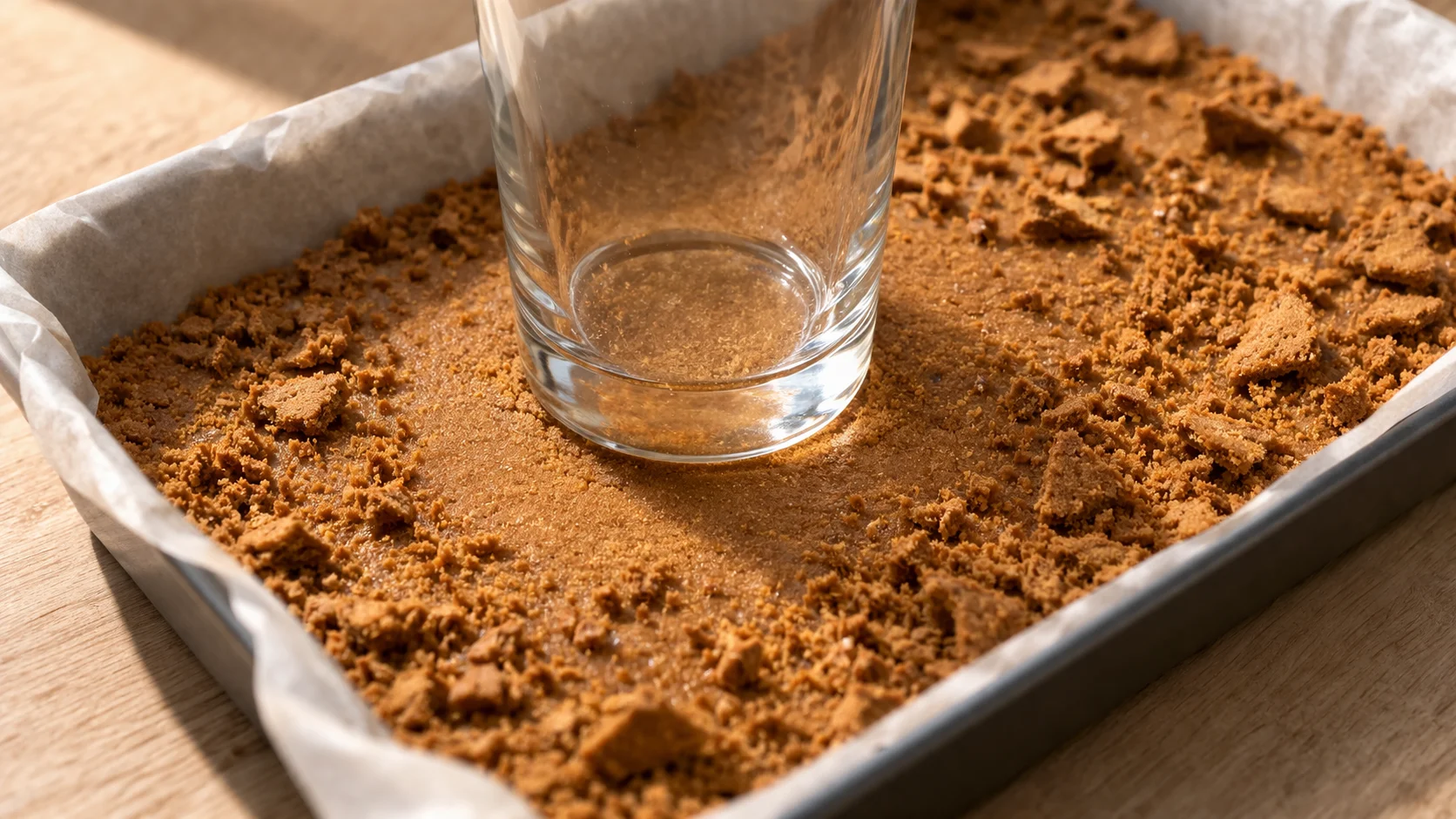 Fond de verre comprimant fermement la masse spéculoos dans un plat rectangulaire tapissé de papier cuisson, éclats de biscuits spéculoos en cours de disposition sur le dessus