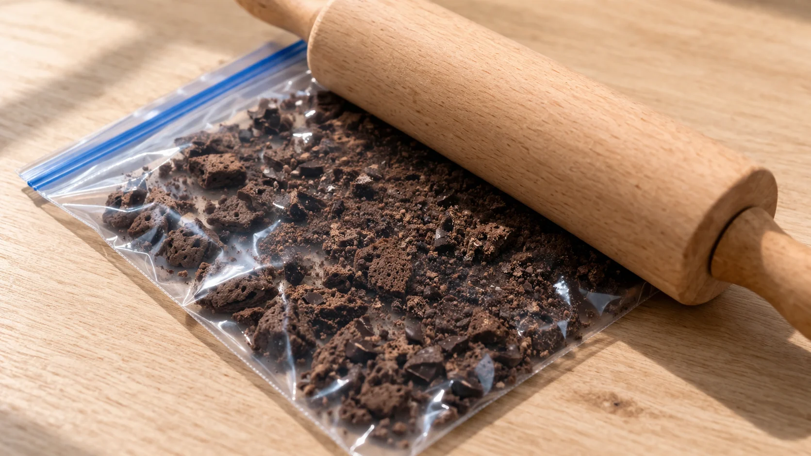 Rouleau à pâtisserie écrasant des biscuits chocolatés dans un sac de congélation transparent, éclats noirs et miettes de tailles variées visibles, plan de travail en bois clair