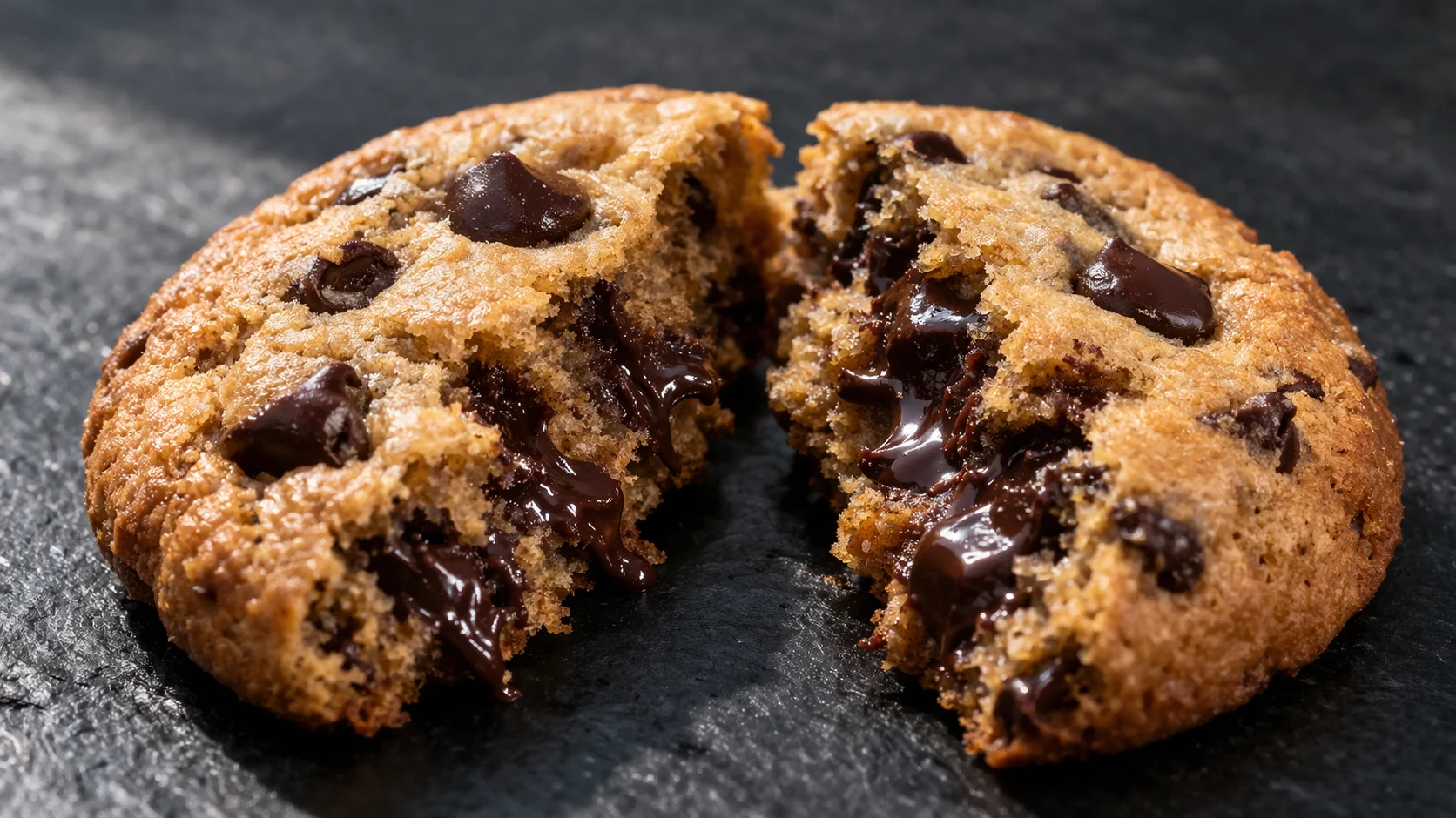 Gros plan sur un cookie protéiné pépites chocolat cassé en deux révélant un cœur fondant et des pépites de chocolat coulantes, fond ardoise sombre