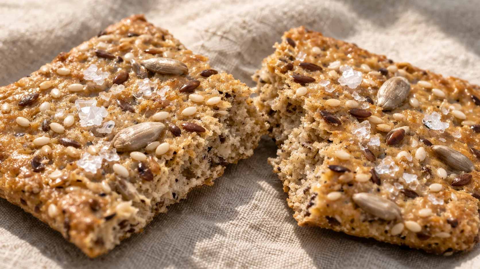 Gros plan sur la texture croquante d'un cracker salé protéiné, graines de lin et sésame incrustees bien visibles