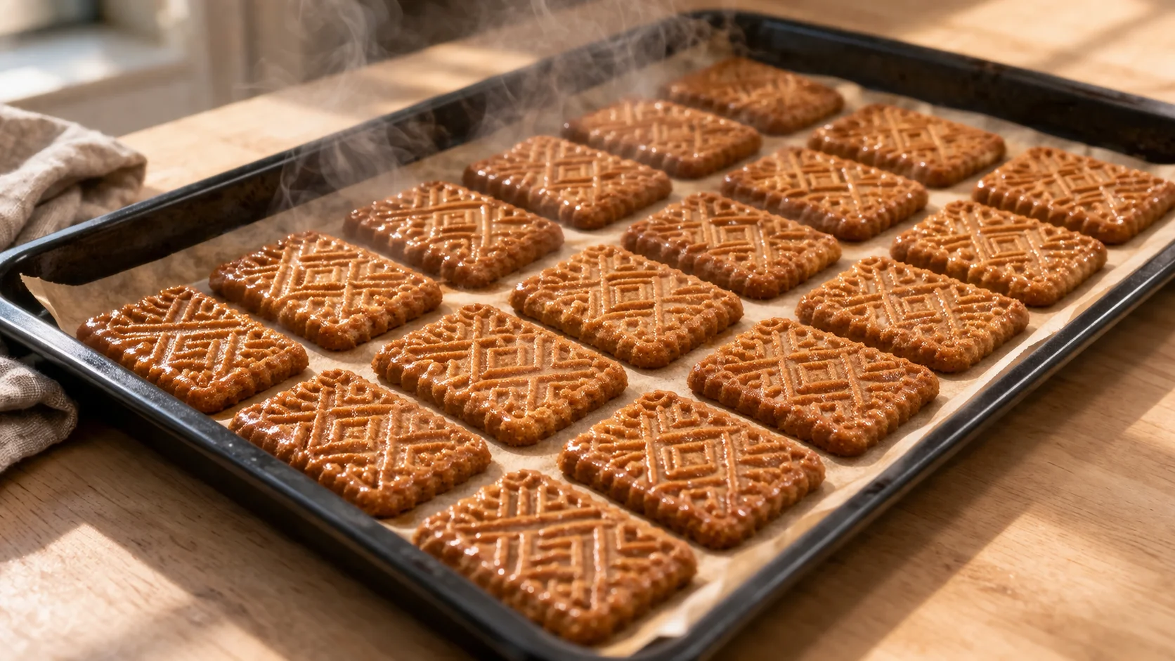 Plaque de biscuits spéculoos protéinés dorés et caramélisés sortant du four, surface uniformément colorée avec motifs géométriques, posée sur plan de travail en bois clair