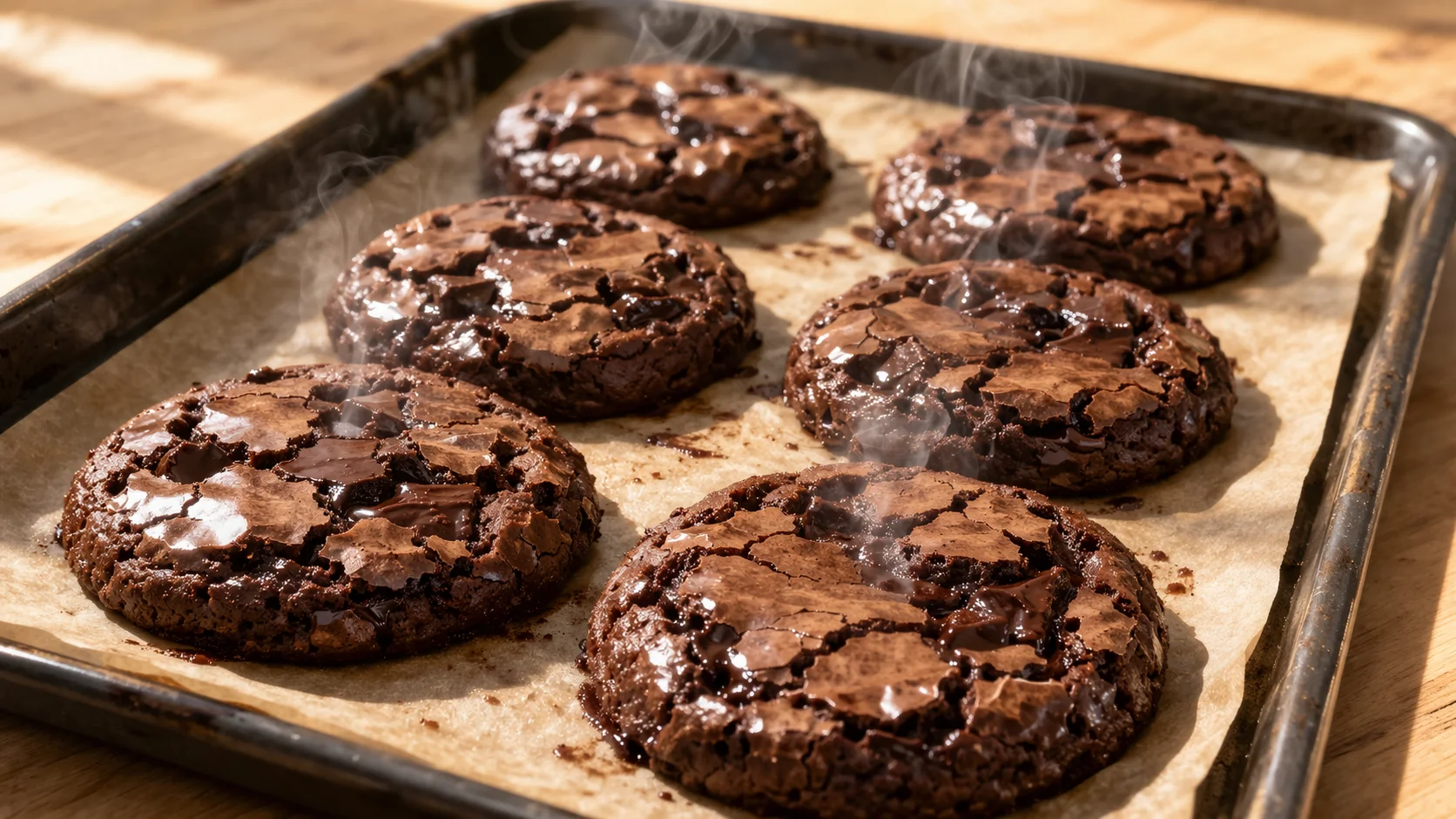 Cookies brownie chocolat à la sortie du four sur plaque de cuisson, surface craquelée et brillante, vapeur légère visible