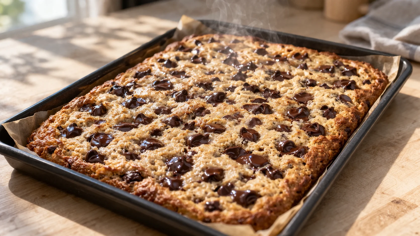 Plaque de cookies protéinés aux pépites de chocolat sortant du four, bords dorés et pépites de chocolat fondues brillantes, posée sur plan de travail en bois clair