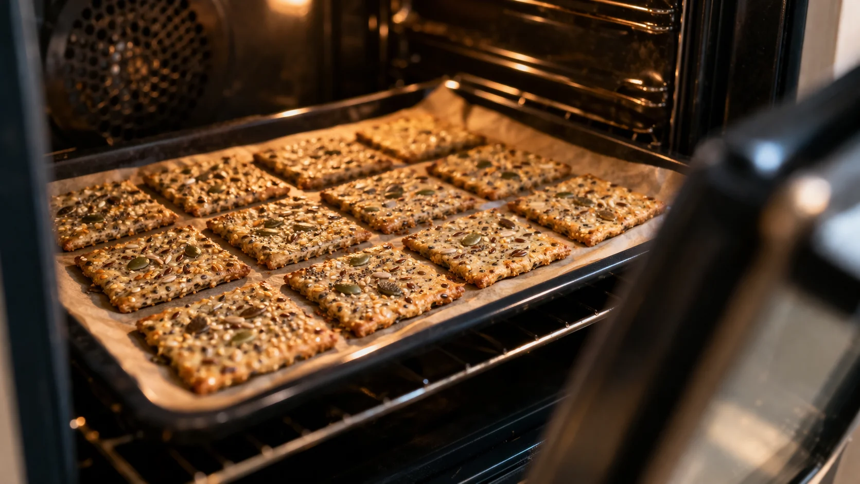 Crackers salés protéinés aux graines dorés sur plaque de cuisson au sortir du four, surface croustillante et dorée visible