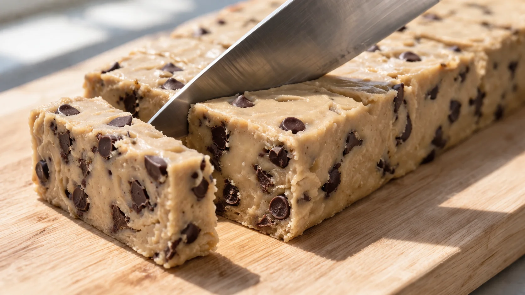 Grand couteau tranchant découpant le bloc de barres cookie dough beiges sur une planche en bois clair, coupe nette révélant la texture crémeuse avec pépites de chocolat noir bien visibles