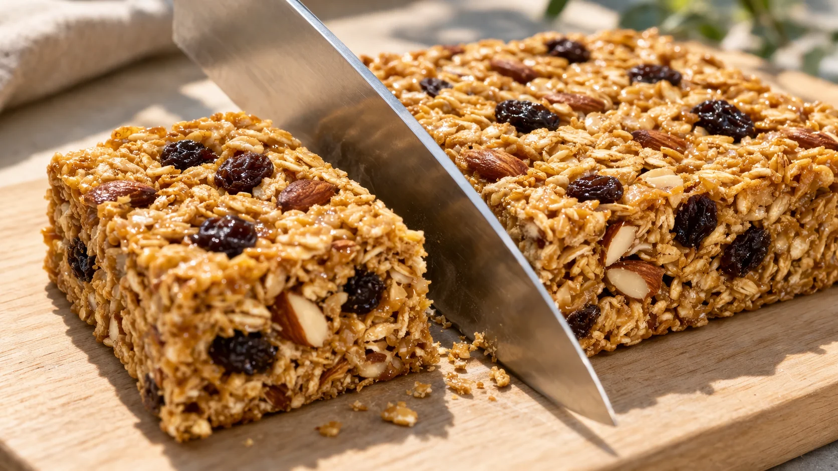 Grand couteau découpant le bloc de barres granola dorées sur une planche en bois clair, coupe nette révélant la texture croustillante aux flocons, noix et raisins secs
