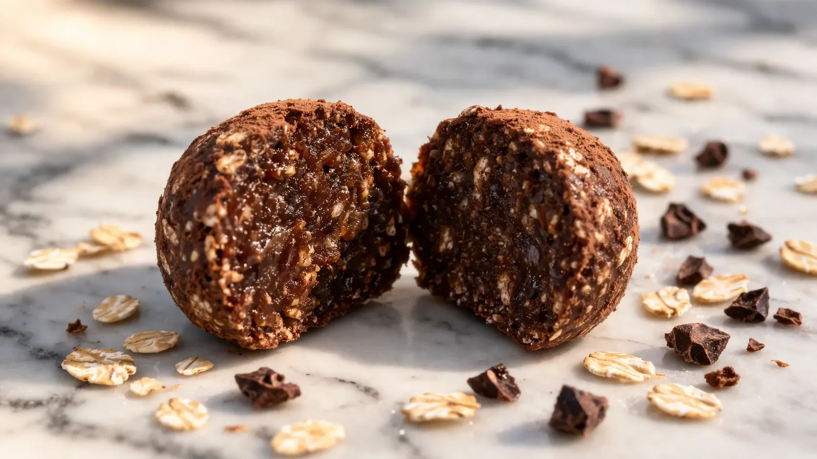 Gros plan sur la texture fondante d'une energy ball dattes-cacao coupée en deux