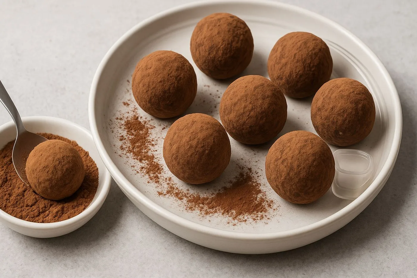 Energy balls enrobées de cacao prêtes à refroidir au réfrigérateur