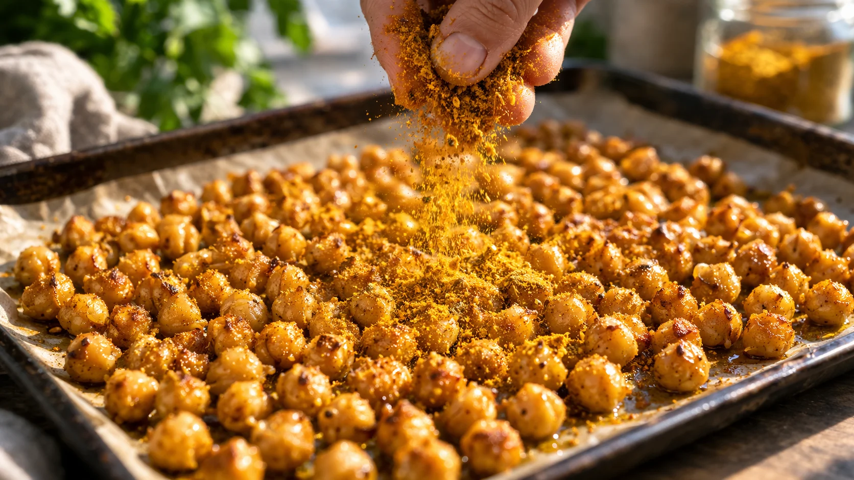 Main saupoudrant le mélange d'épices curry jaune-orangé sur des pois chiches rôtis dorés sur la plaque de cuisson, épices en train de s'incorporer sur les pois chiches chauds