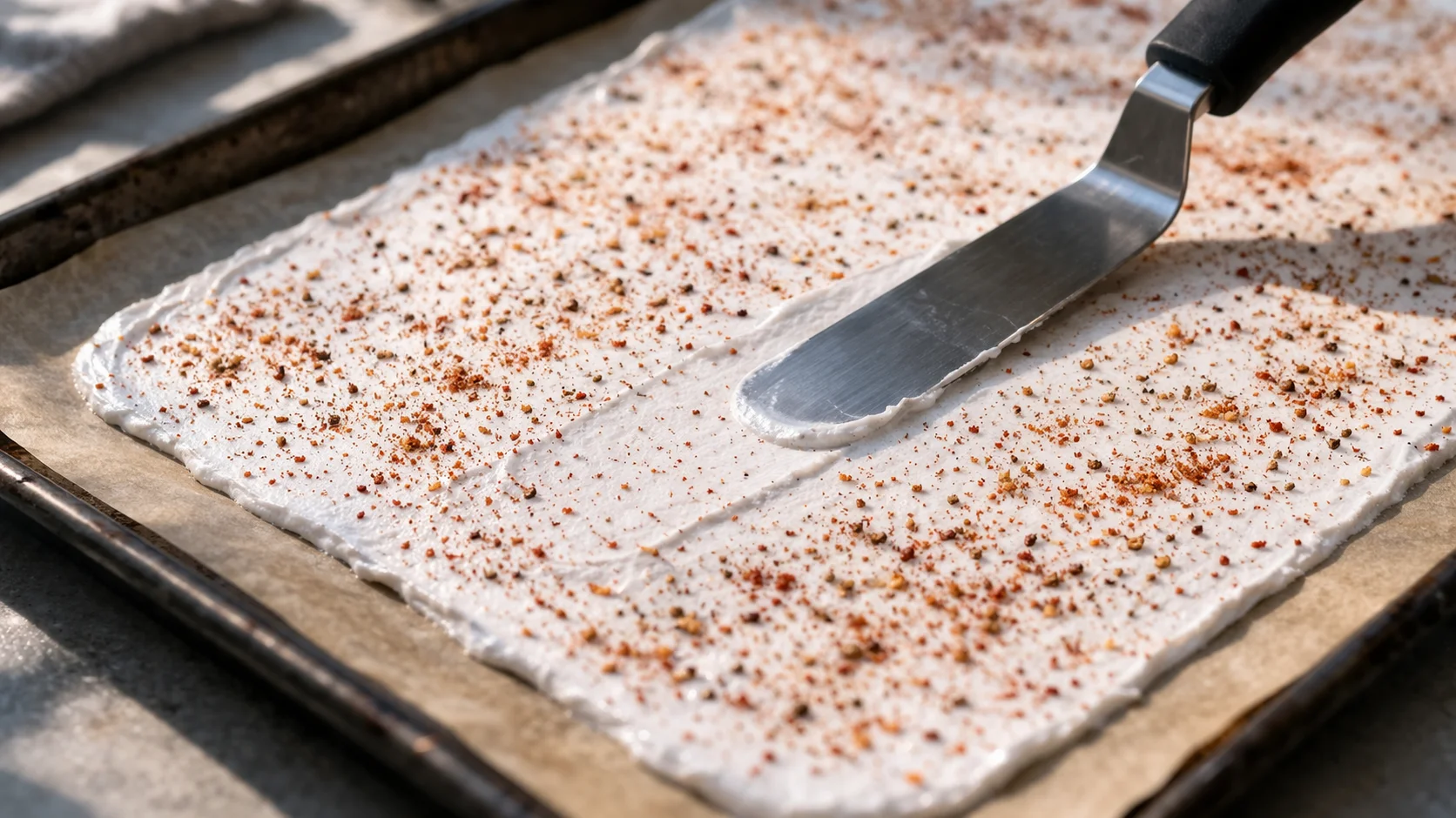 Spatule coudée étalant finement et uniformément la pâte blanche montée en neige sur une plaque de cuisson tapissée de papier sulfurisé, couche très fine visible en formation