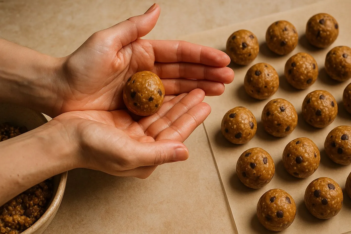 Façonnage manuel des energy balls protéinées en petites boules régulières