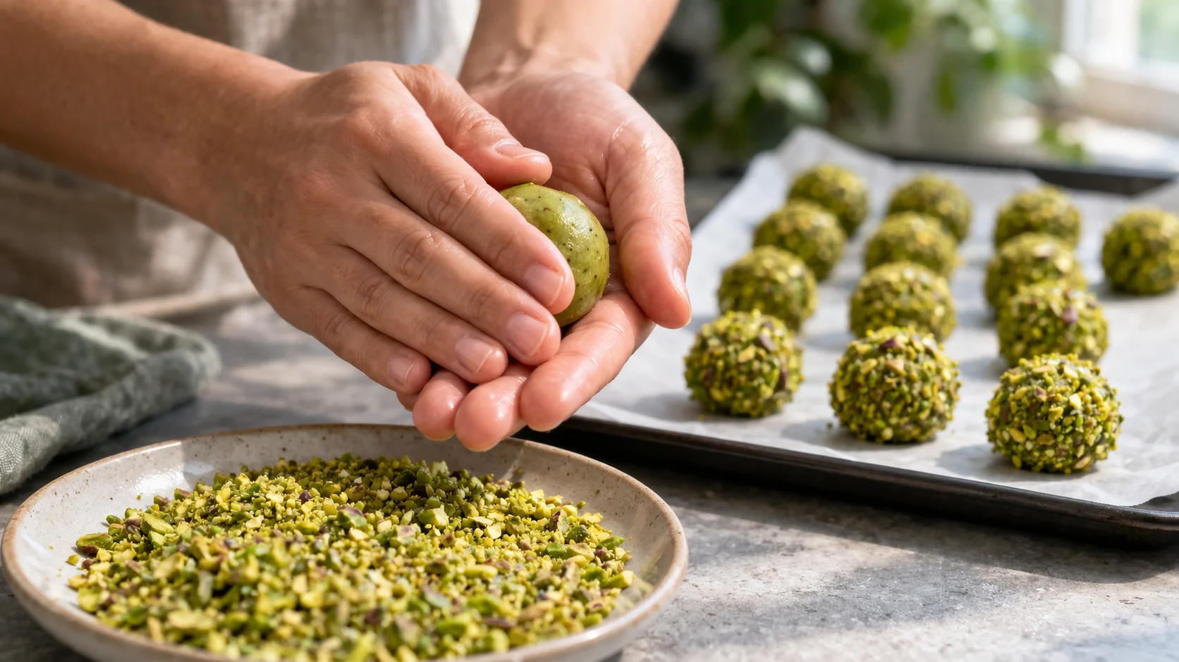 Deux mains roulant une boule de pâte pistache entre les paumes au-dessus d'une assiette de pistaches concassées vertes, boules déjà enrobées alignées sur papier cuisson à côté