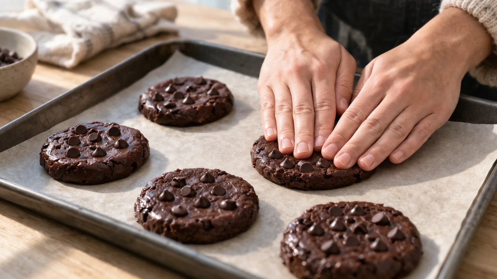 Boules de pâte à cookies brownie disposées sur plaque de cuisson tapissée de papier sulfurisé, mains en train d'aplatir un disque