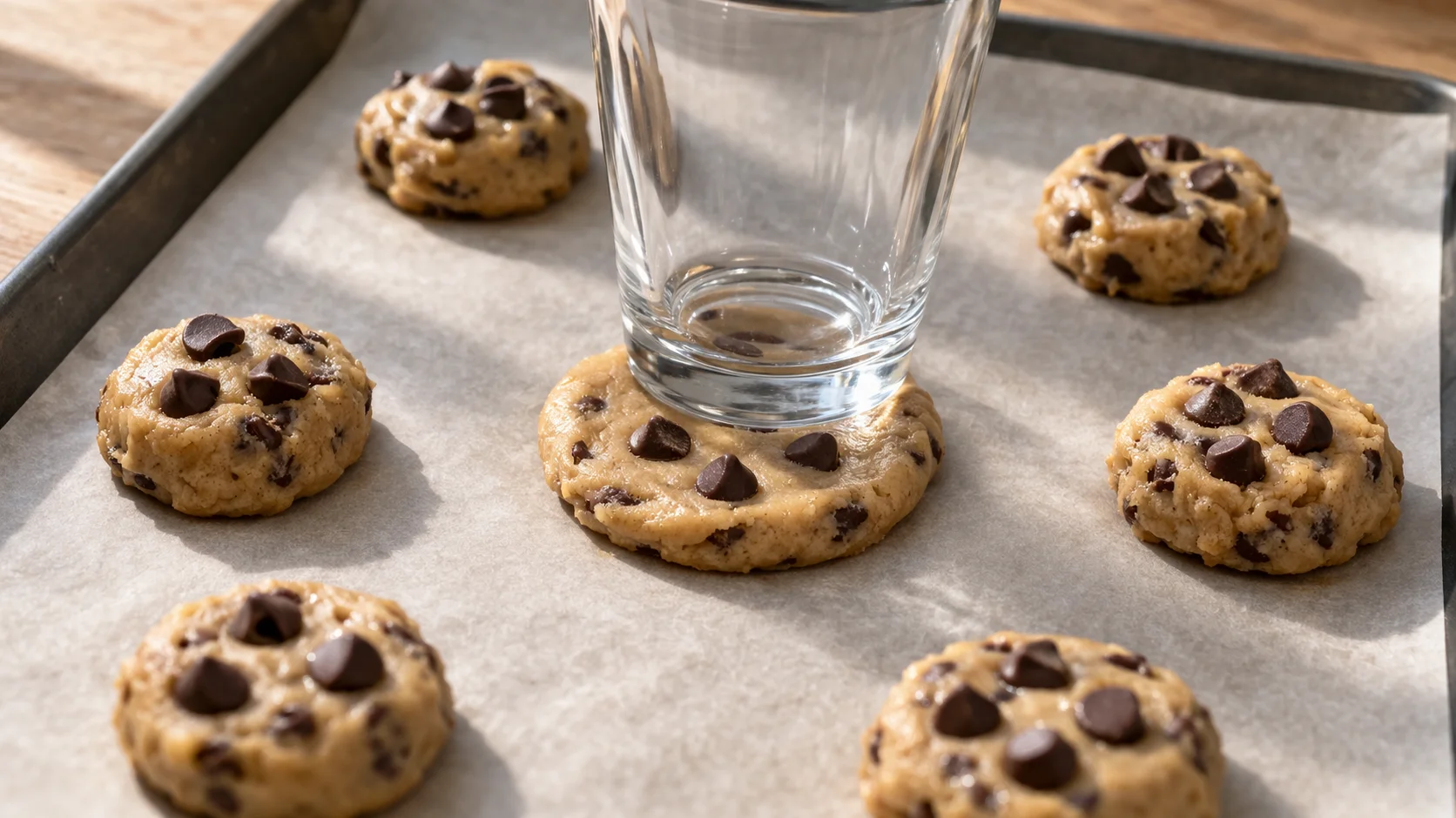 Fond de verre légèrement huilé en train d'aplatir une boule de pâte à cookie sur une plaque tapissée de papier cuisson, cookies bien espacés, pépites de chocolat sur le dessus