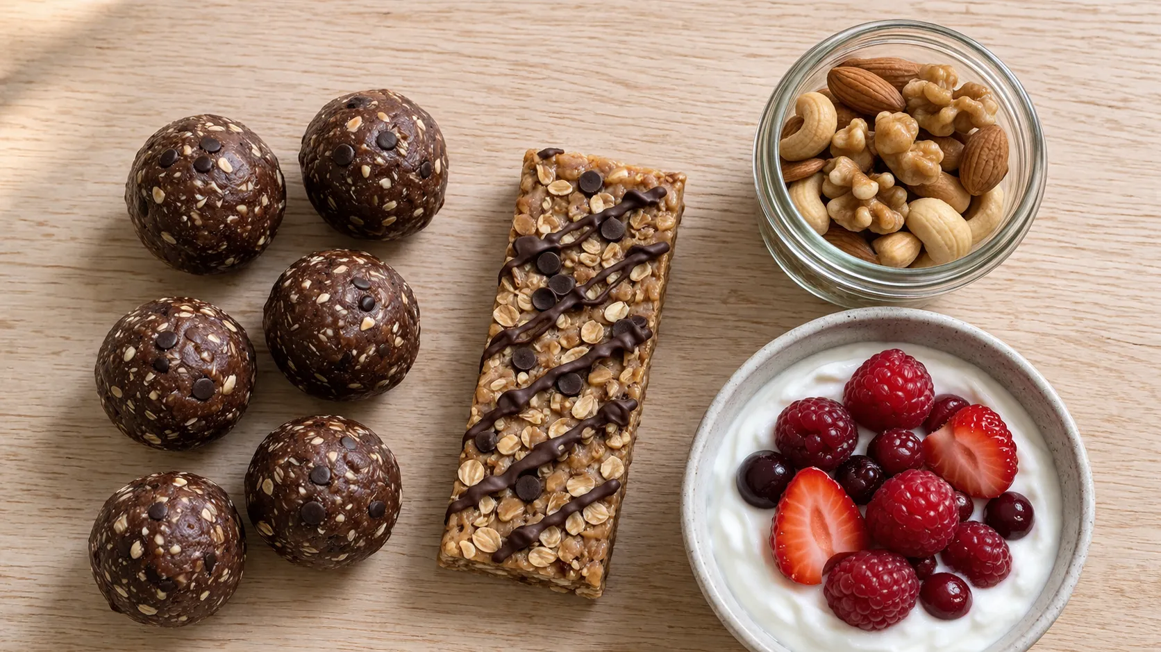 Assortiment de snacks protéinés maison disposés sur une planche en bois : energy balls, barres, noix et fromage blanc avec fruits rouges