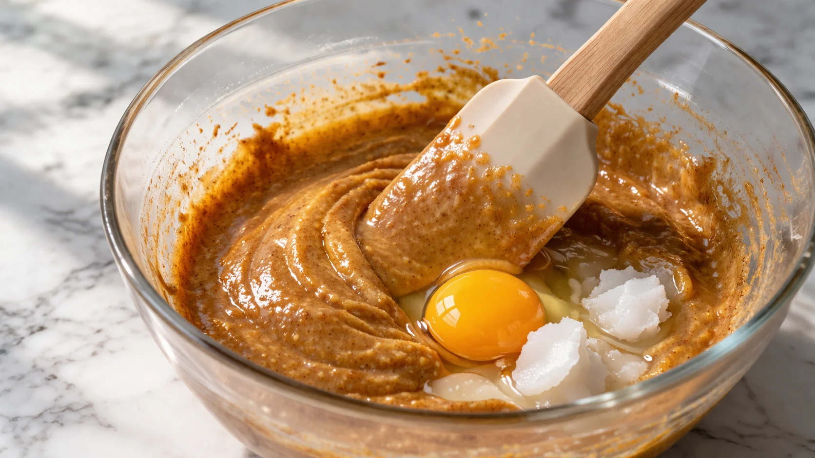 Spatule incorporant l'oeuf et l'huile de coco dans la pâte épicée spéculoos, pâte dorée et homogène en formation dans un saladier, plan de travail en marbre blanc