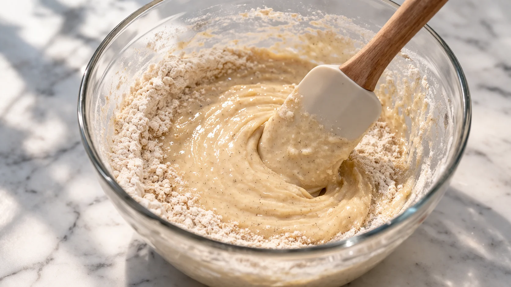 Spatule incorporant l'oeuf et l'huile de coco dans les ingrédients secs dans un saladier, pâte beige et homogène en cours de formation, plan de travail en marbre blanc