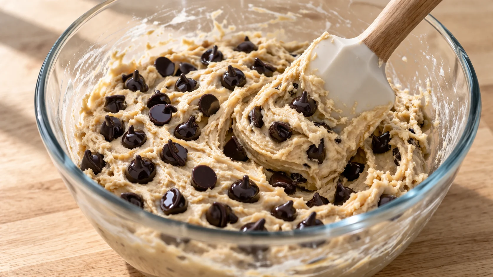 Spatule incorporant des pépites de chocolat noir dans la masse cookie dough beige, pépites brillantes bien visibles dans la pâte dense, saladier en verre sur plan de travail en bois clair