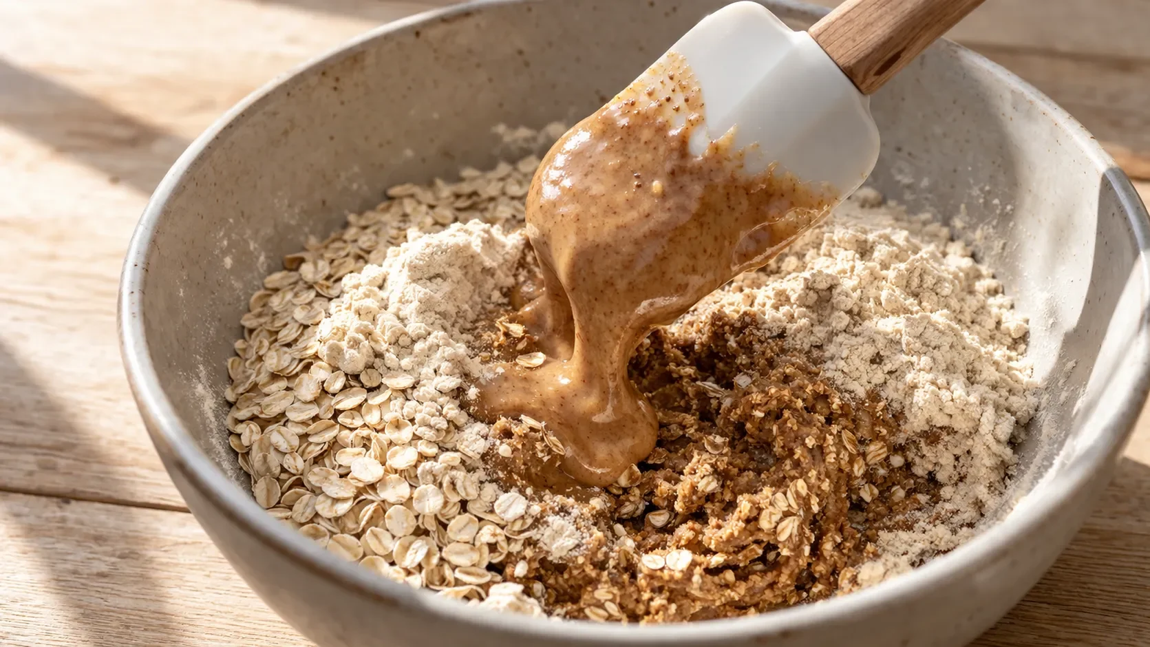 Spatule incorporant le beurre d'amande fondu dans le mélange de flocons et protéine dans un grand bol