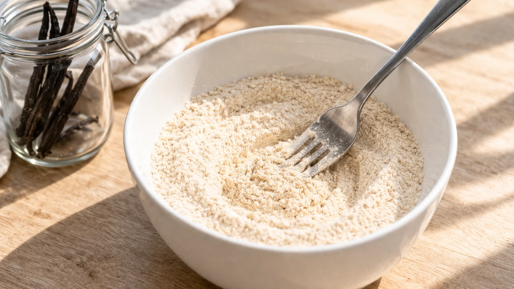Fourchette mélangeant la farine d'avoine, la whey vanille et l'érythritol dans un saladier blanc, poudre beige homogène et parfumée à la vanille, plan de travail en bois clair