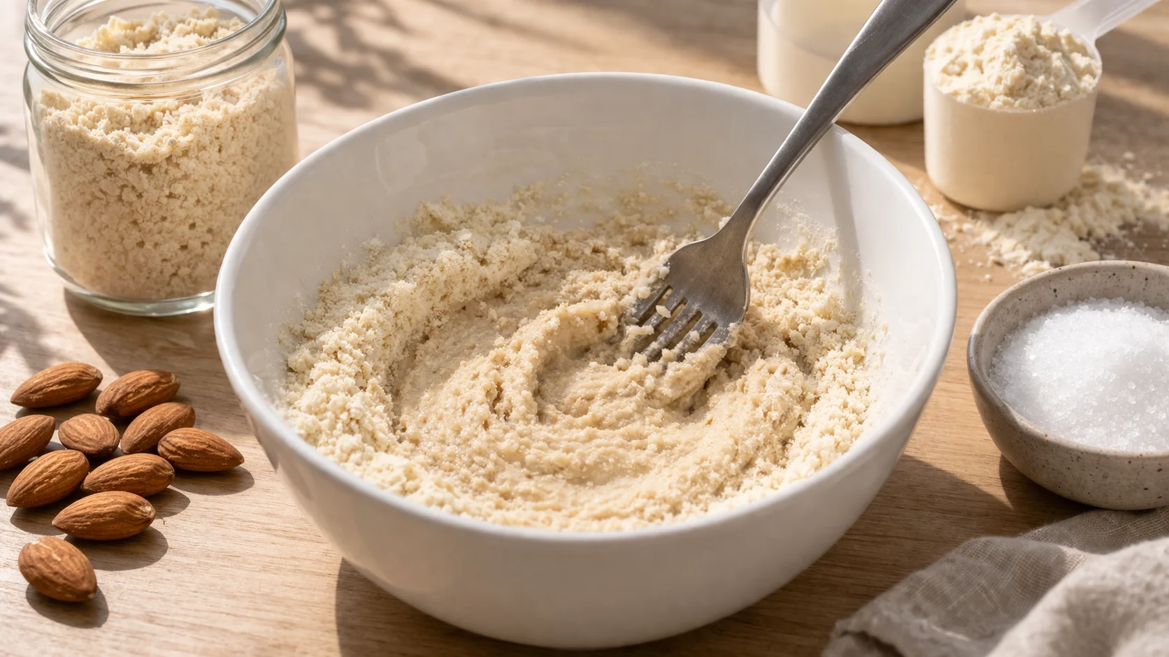 Fourchette mélangeant la farine d'amande, la whey vanille et l'érythritol dans un saladier blanc, mélange beige et homogène, plan de travail en bois clair