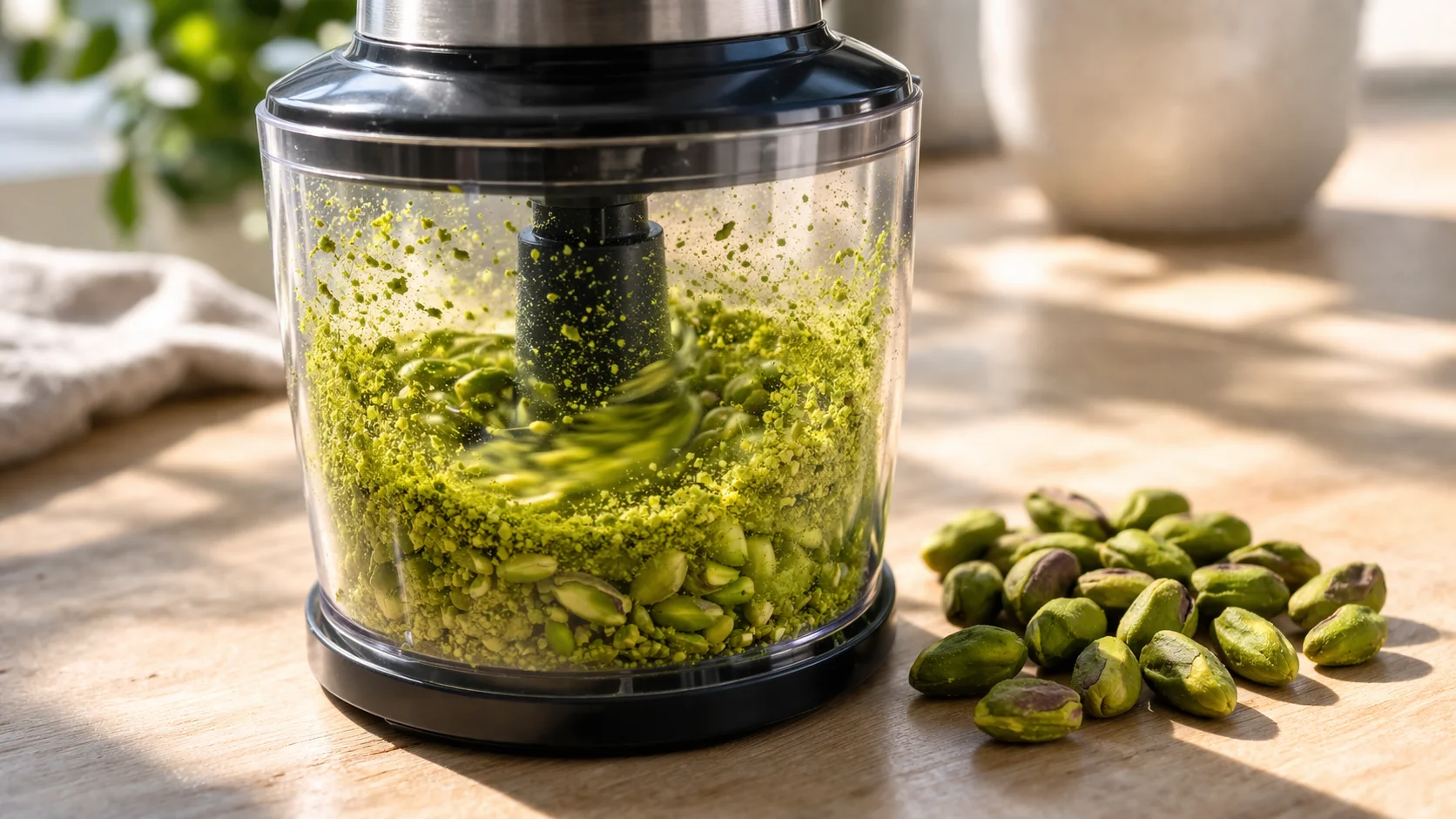 Mixeur contenant des pistaches mondées vertes en cours de mixage, poudre de pistache verte en formation visible à travers le bol, plan de travail en bois clair