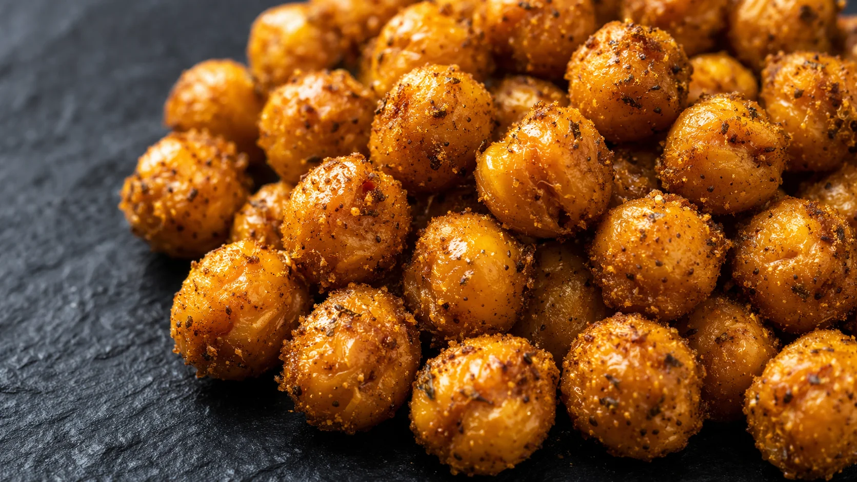 Gros plan sur des pois chiches rôtis au curry, surface croustillante et ridée avec enrobage d'épices curry doré-orangé bien visible, fond ardoise sombre