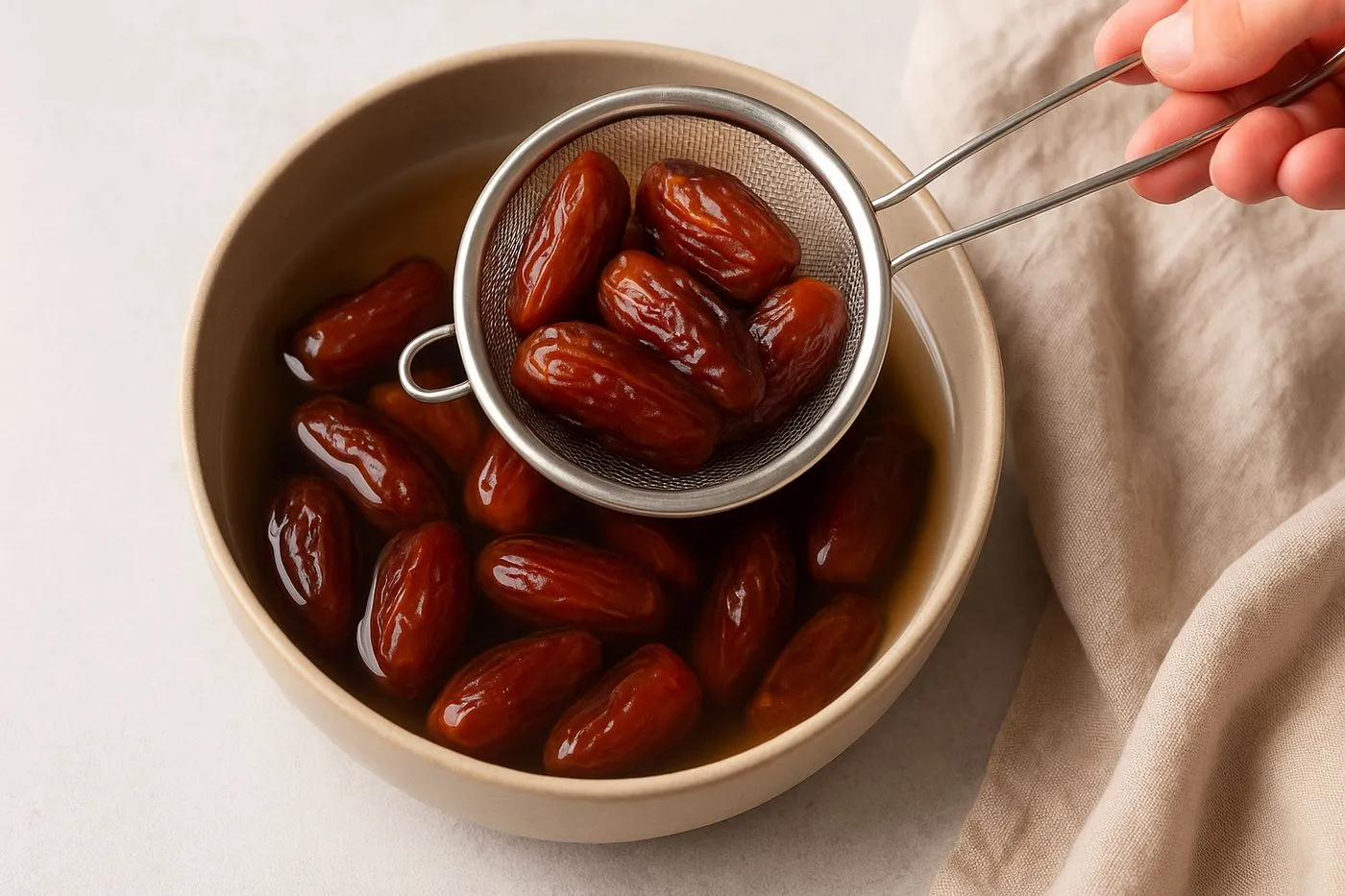 Dattes dénoyautées trempées pour préparer les energy balls protéinées