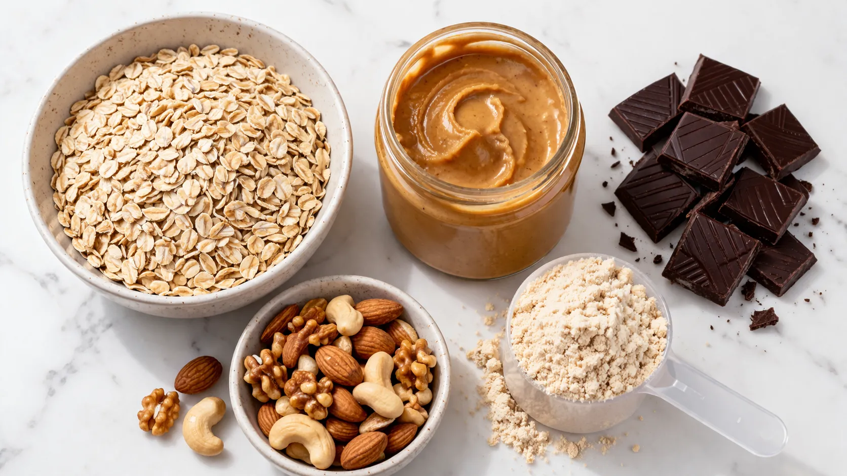 Préparation de snacks protéinés maison sur un plan de travail : bol d'avoine, poudre de protéine, beurre de cacahuète, chocolat noir et noix