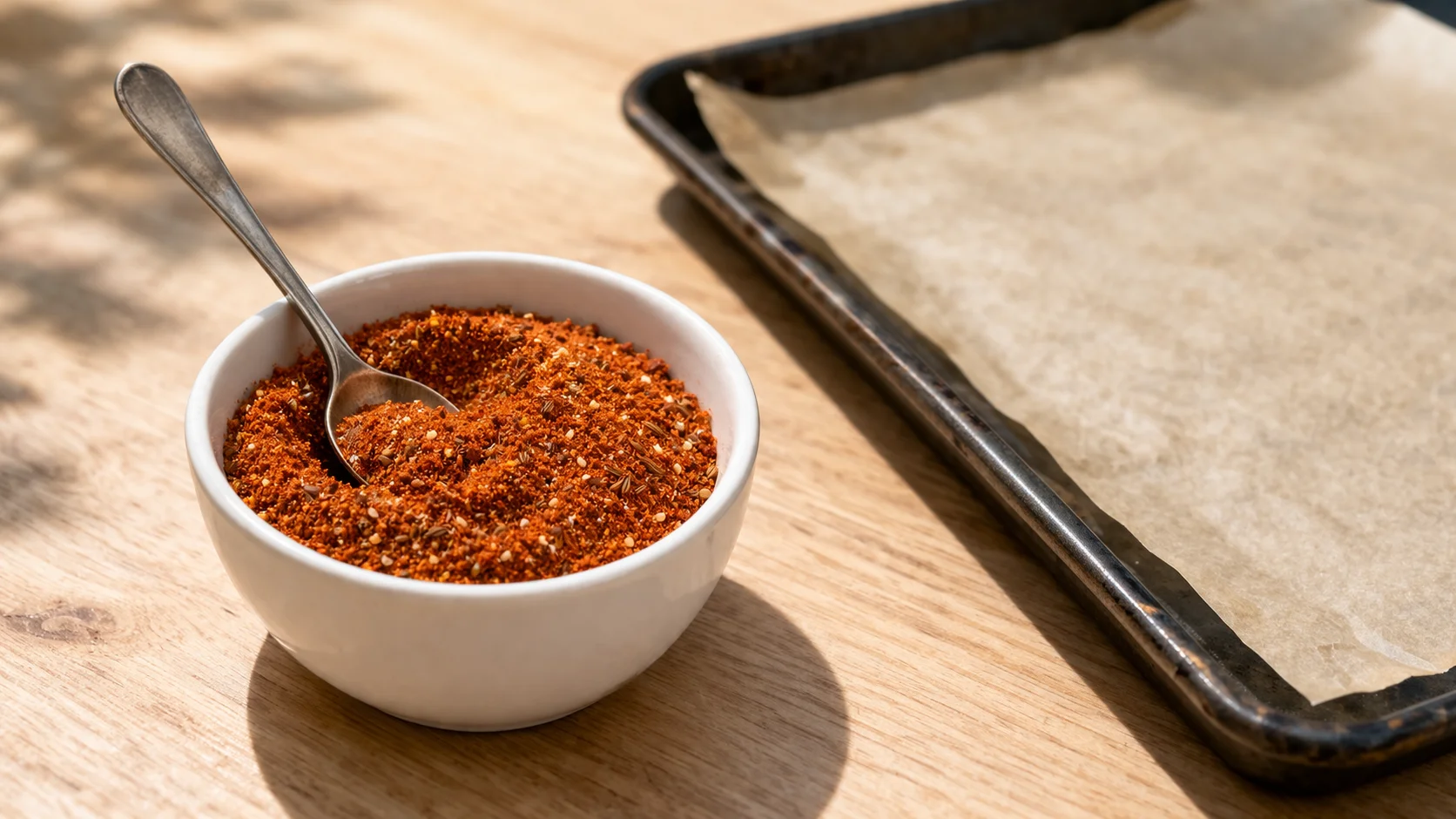 Petit bol contenant le mélange d'épices BBQ rouge-orangé avec paprika fumé, ail et cumin, cuillère à côté, plan de travail en bois clair avec plaque de cuisson en arrière-plan