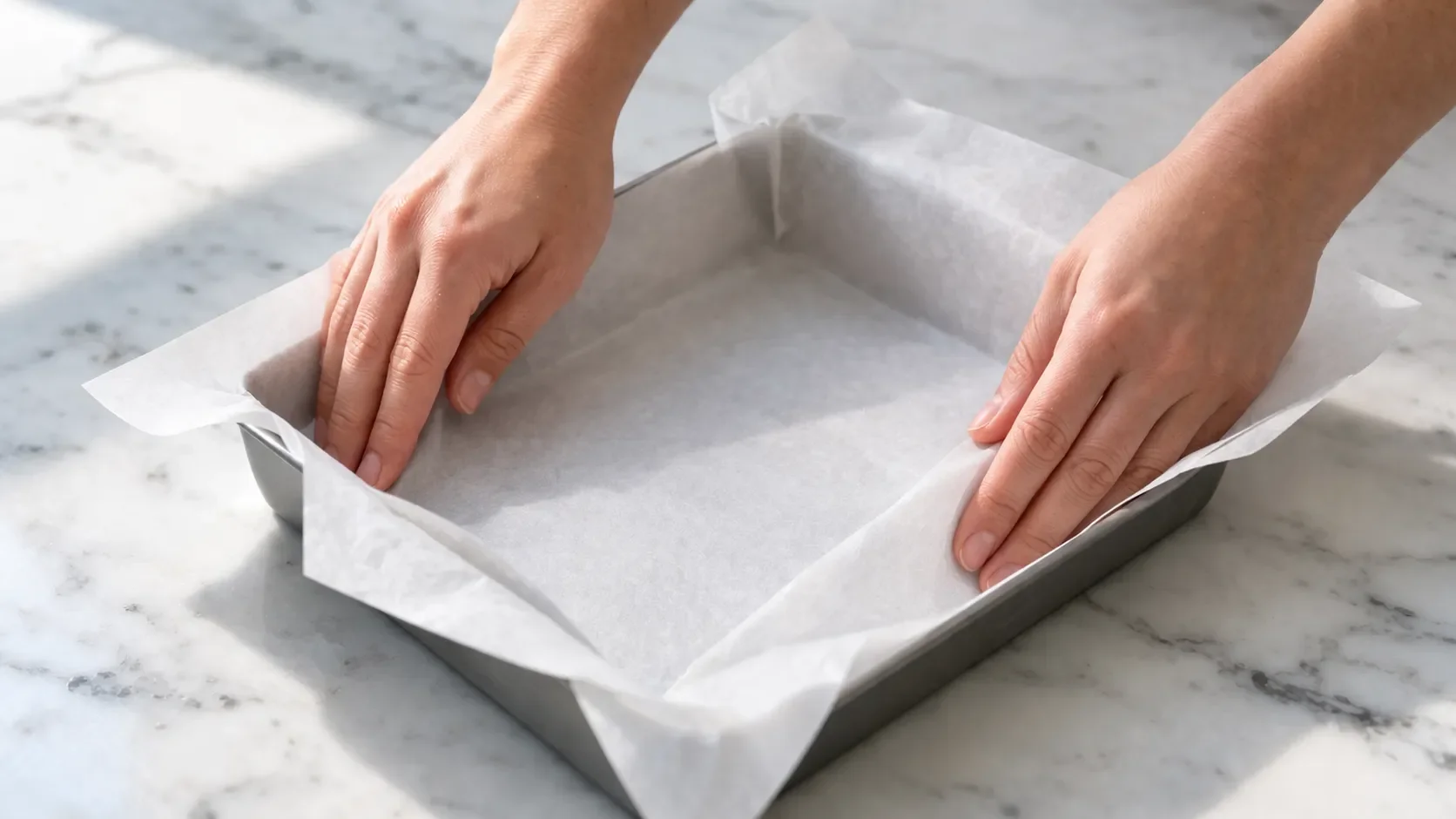 Moule rectangulaire tapissé de papier sulfurisé dépassant sur les bords, posé sur un plan de travail en marbre blanc