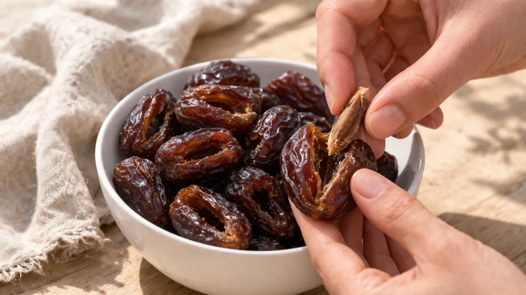 Dattes Medjool dénoyautées dans un bol blanc, prêtes à être mixées pour les energy balls