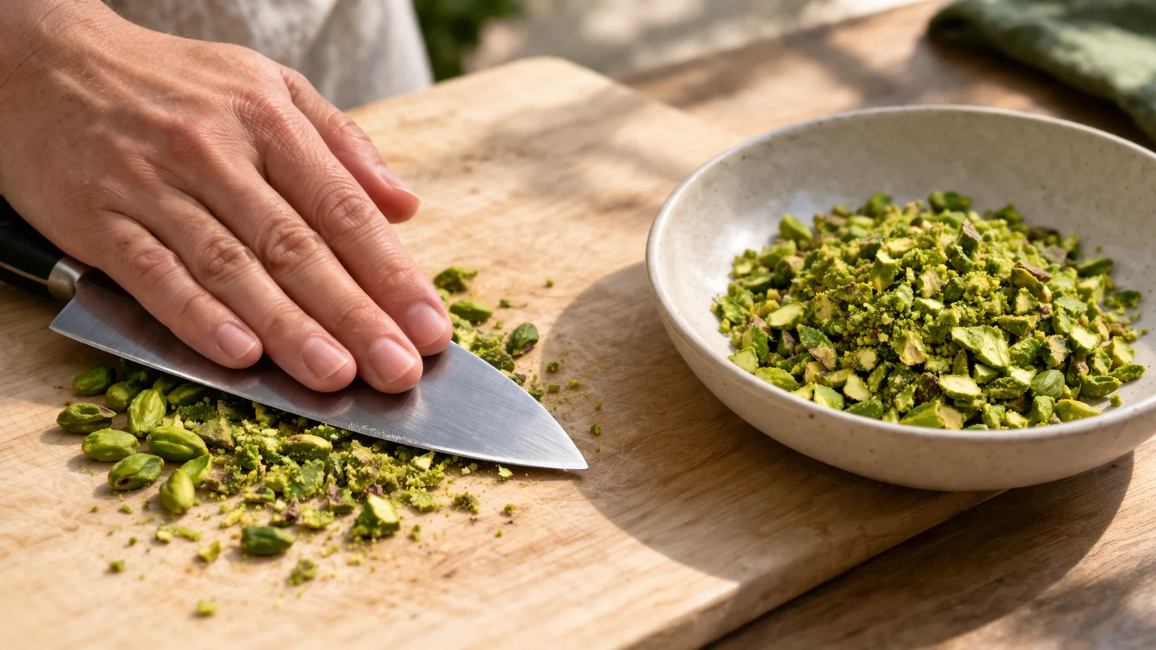 Planche en bois clair avec des pistaches mondées en cours de concassage au couteau, morceaux de pistache verts irréguliers disposés en assiette creuse à côté