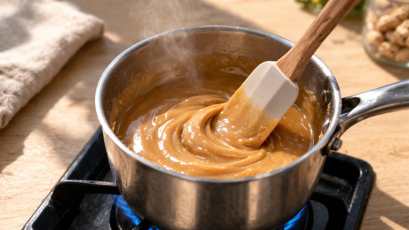 Petite casserole avec le mélange beurre de cacahuète, miel et huile de coco fondu et homogène sur feu doux, spatule mélangeant la préparation dorée et brillante