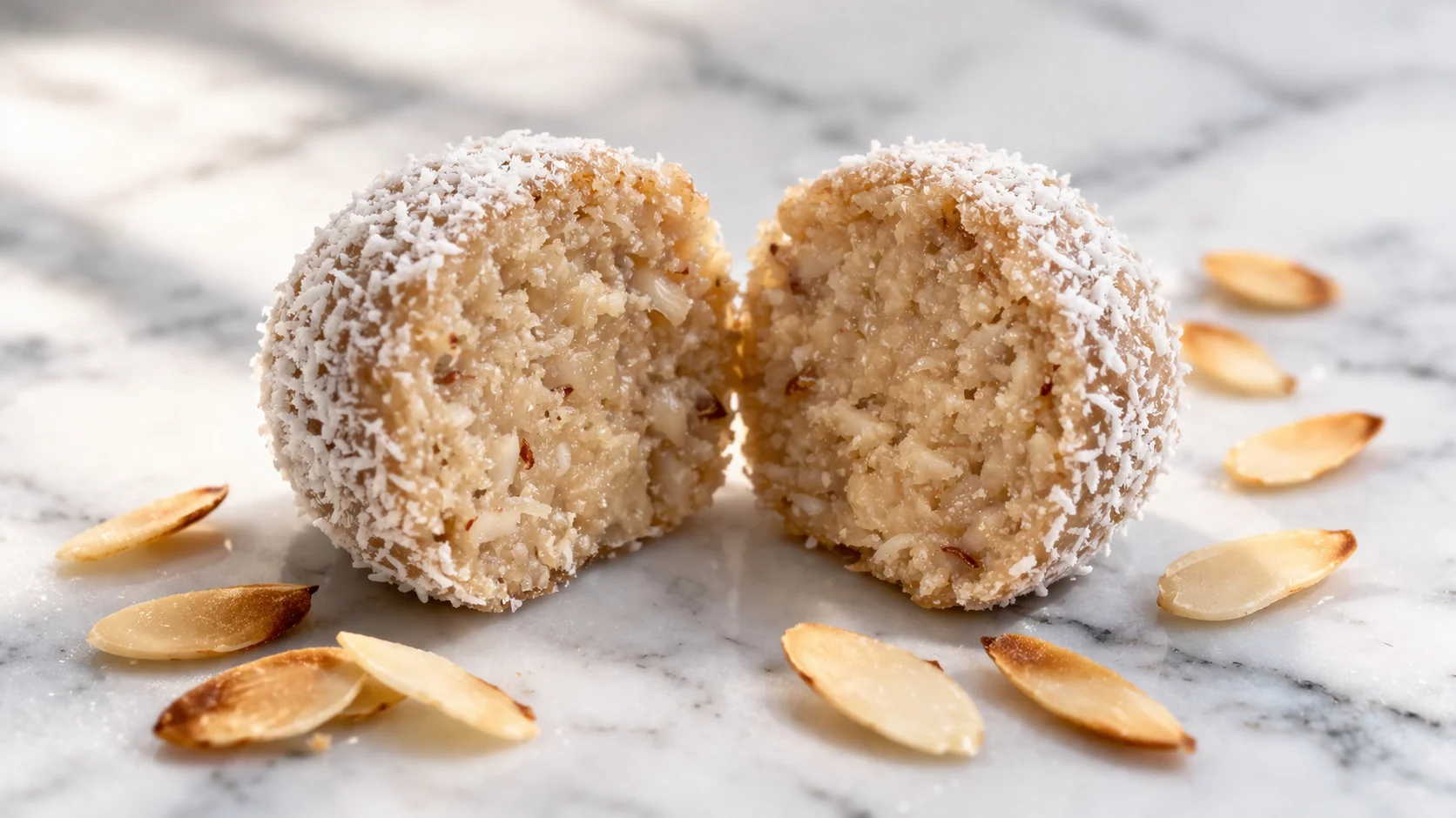 Gros plan sur une protein ball coco-amandes coupée en deux, révélant sa texture moelleuse et fondante