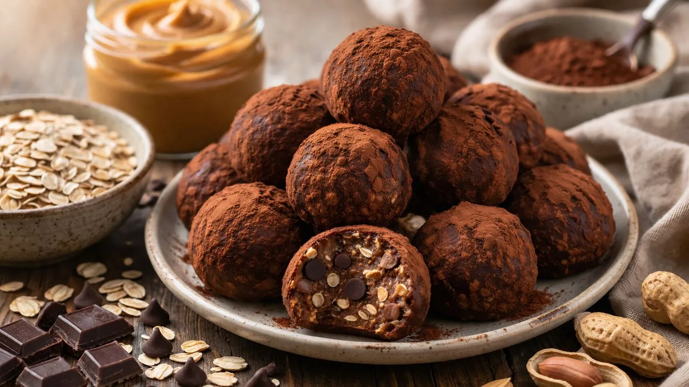 Energy balls protéinées roulées dans le cacao, prêtes à déguster