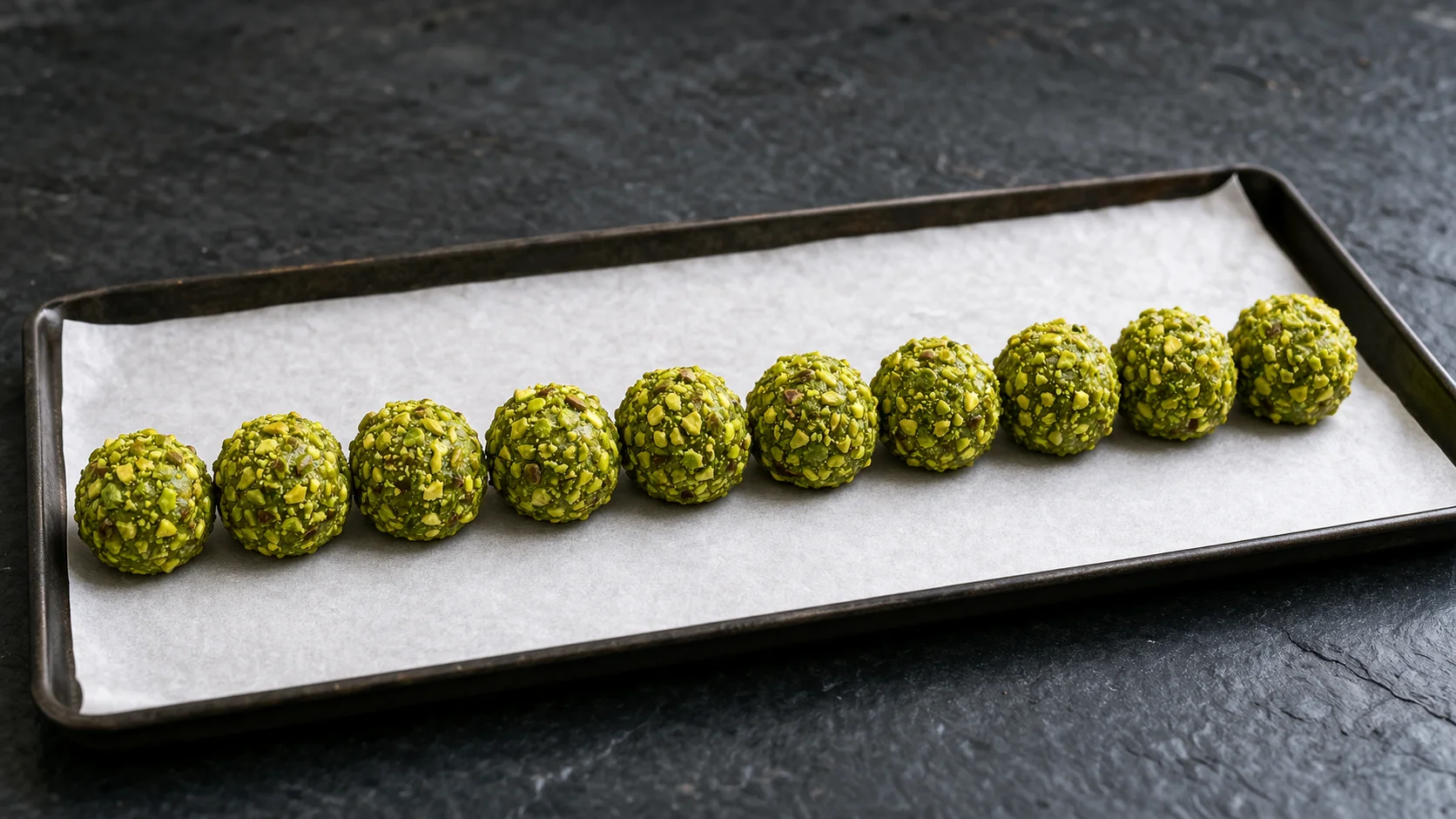 Douze boules protéinées pistache enrobées de pistache concassée verte alignées sur une plaque tapissée de papier cuisson, prêtes à aller au réfrigérateur, fond ardoise sombre