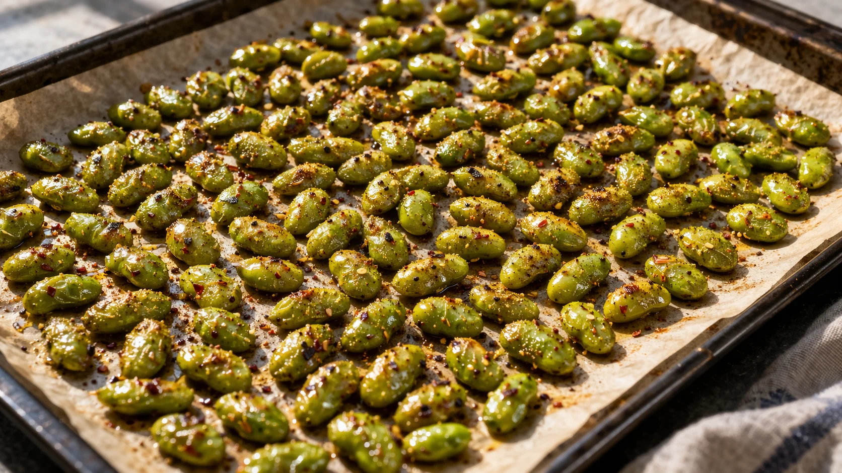Plaque de cuisson avec des fèves d'edamame épicées étalées en couche unique en train de rôtir au four, surface dorée et légèrement ridée visible à travers la vitre