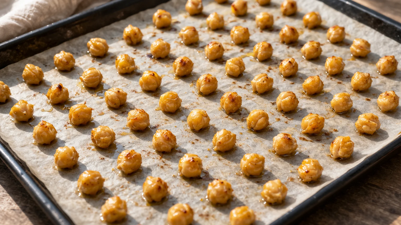 Pois chiches huilés étalés en couche unique sur plaque de cuisson tapissée de papier sulfurisé, en train de dorer au four, surface légèrement ridée et colorée visible