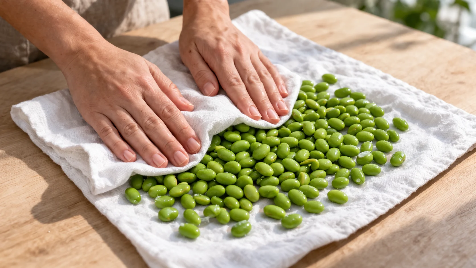 Fèves d'edamame décongelées en train d'être séchées sur un torchon blanc, papier absorbant à côté, plan de travail en bois clair