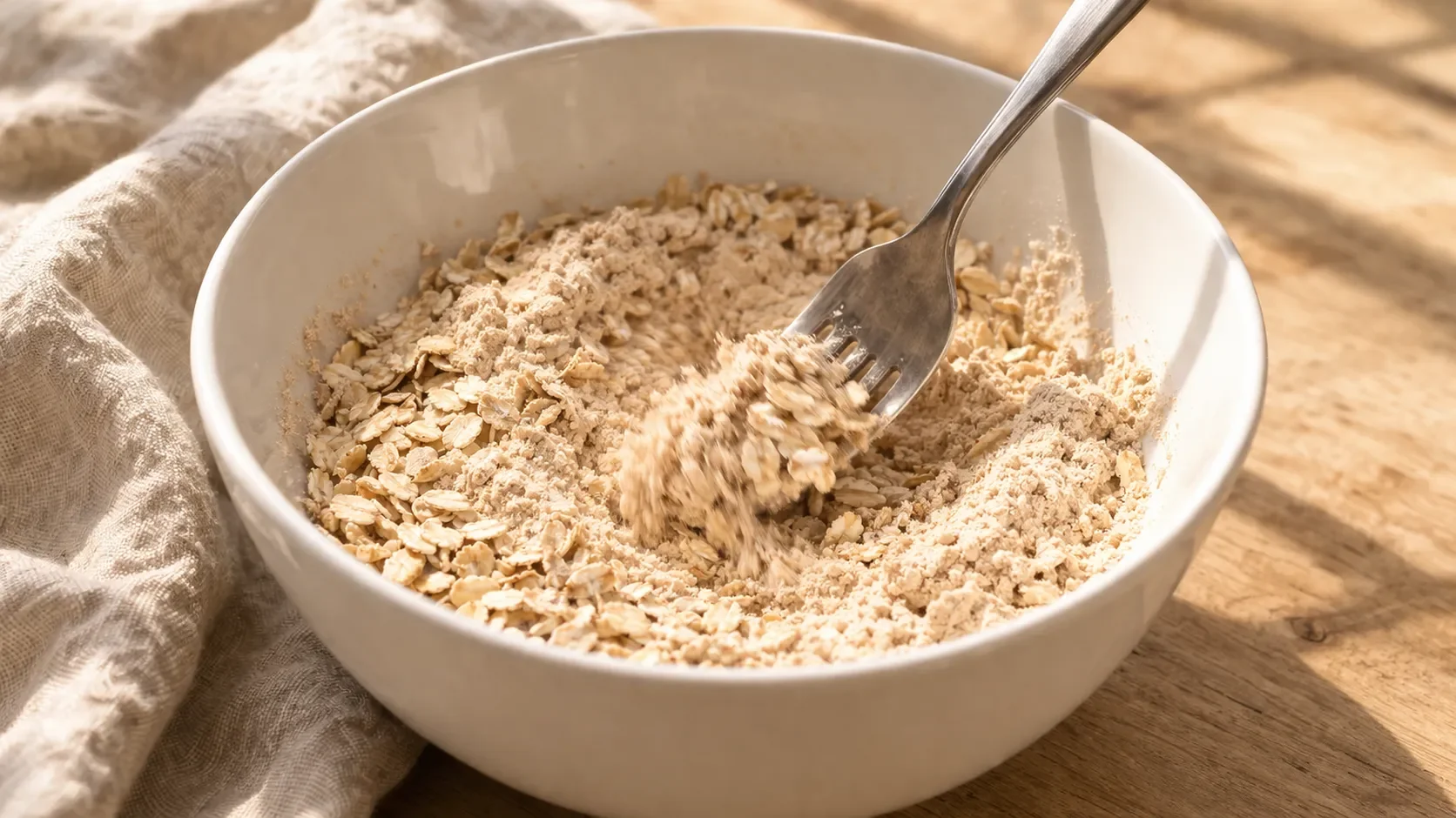 Bol blanc avec flocons d'avoine, protéine en poudre et sel mélangés à la fourchette, sur fond de bois clair