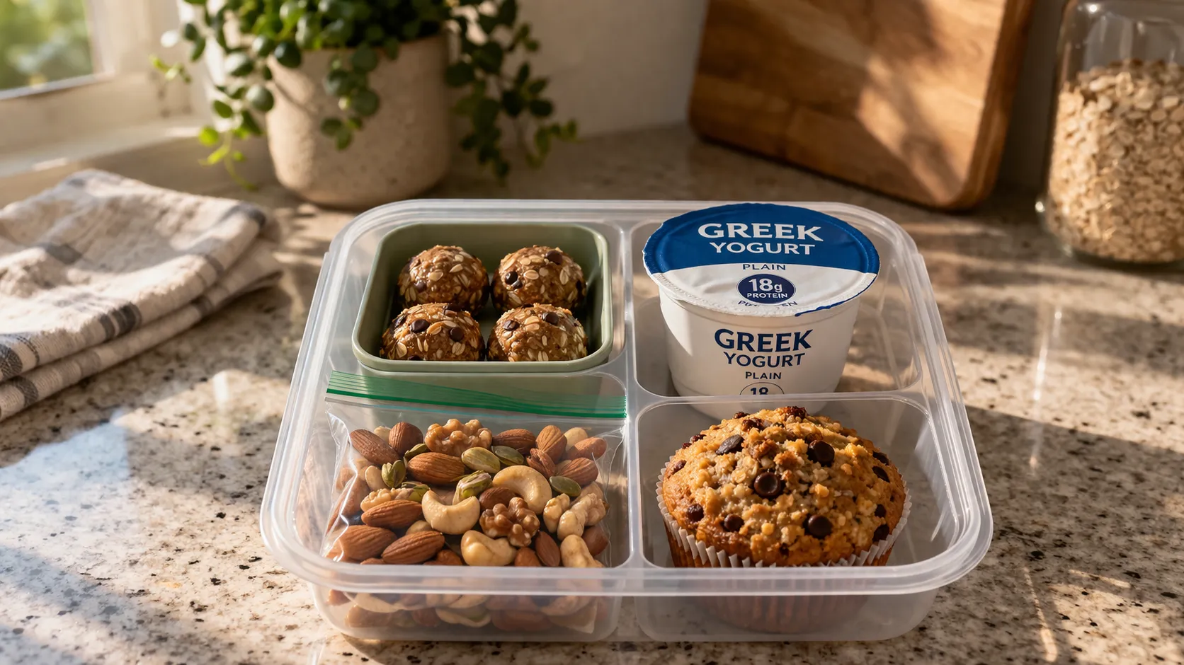 Petits contenants hermétiques préparés à l'avance avec des snacks protéinés variés : energy balls, noix mélangées, carrés de chocolat noir et fromage blanc