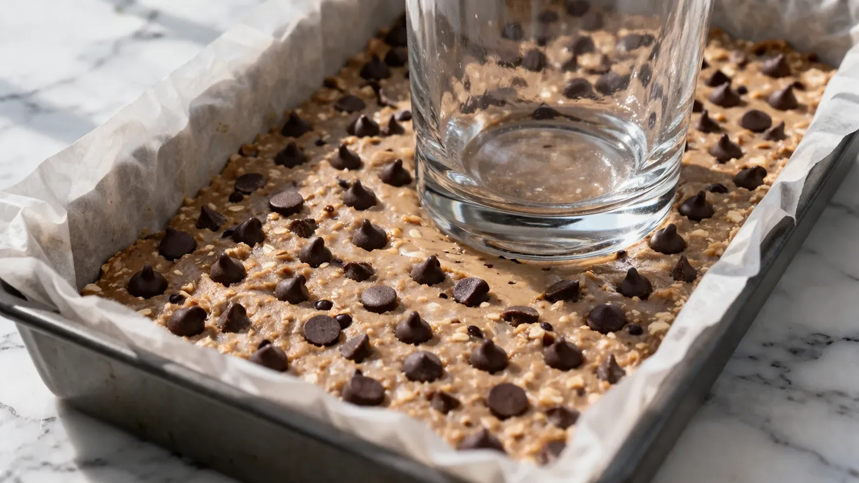 Fond de verre tassant fermement la pâte de barres protéinées dans un moule rectangulaire tapissé de papier sulfurisé