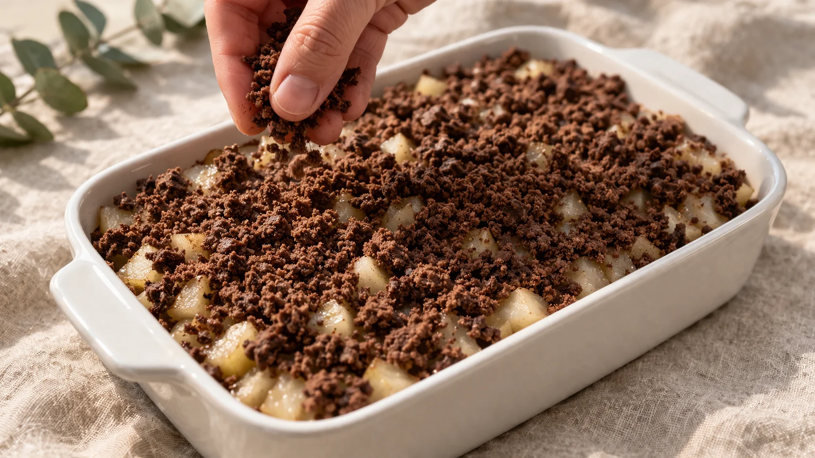 Mains répartissant la chapelure au cacao sur les poires dans un plat en céramique blanc, miettes brunes irrégulières avant enfournement, plan de travail en lin beige