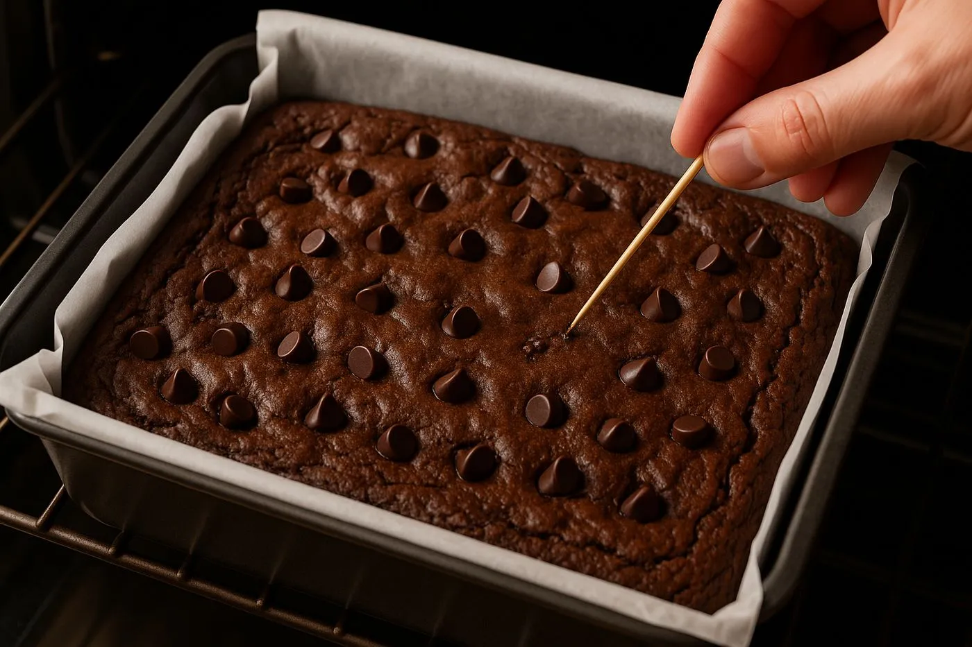 Brownie protéiné en cours de cuisson au four à 180°C dans son moule tapissé de papier cuisson