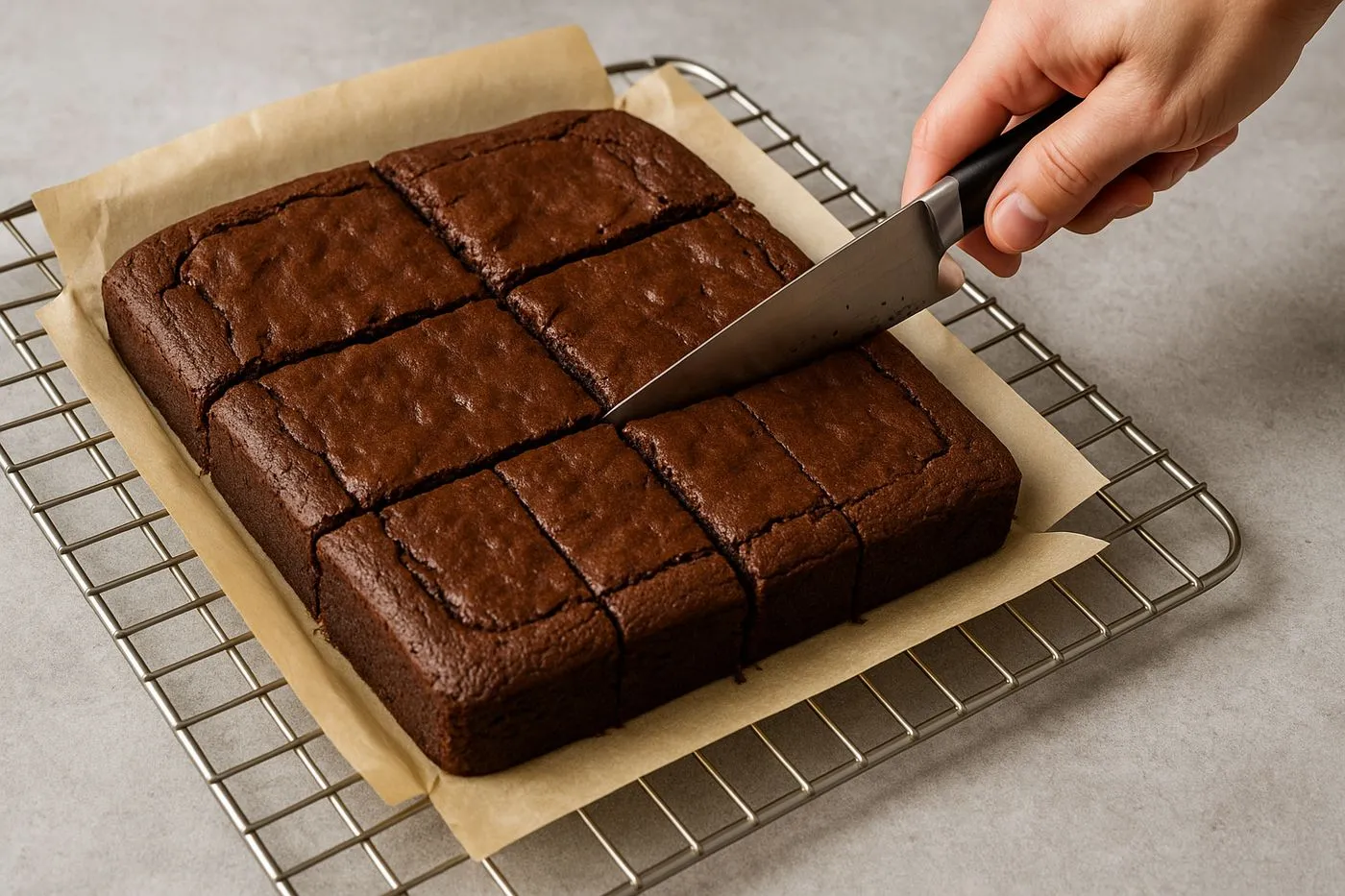 Découpe du brownie protéiné fondant au chocolat noir en 8 portions égales après refroidissement