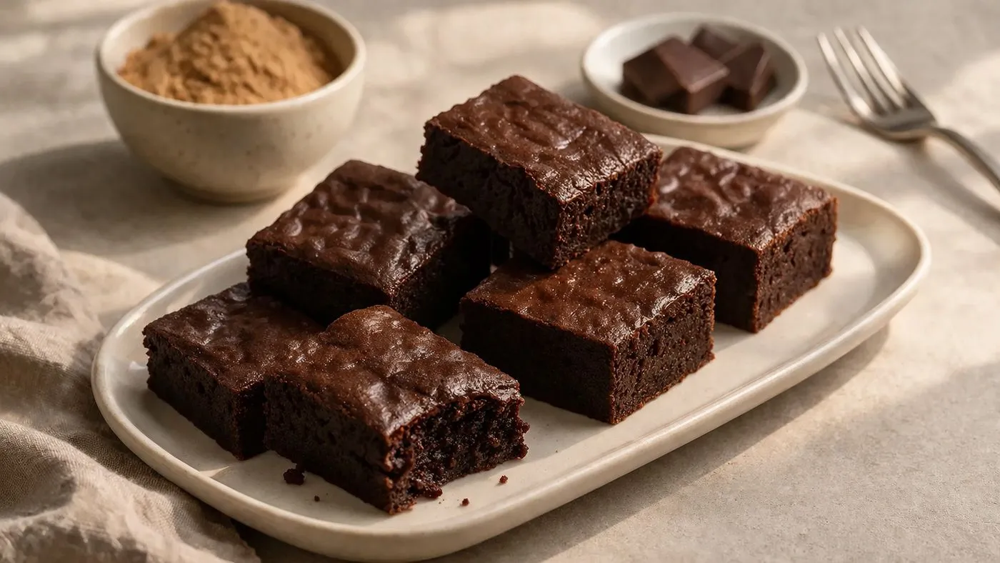 Part de brownie protéiné au chocolat noir avec texture fondante au centre