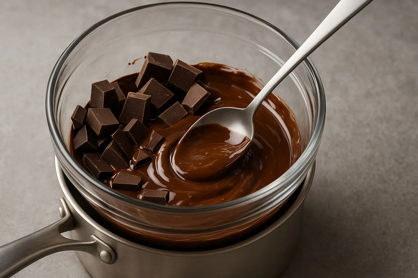 Fonte du chocolat noir au bain-marie pour la préparation du brownie protéiné fondant
